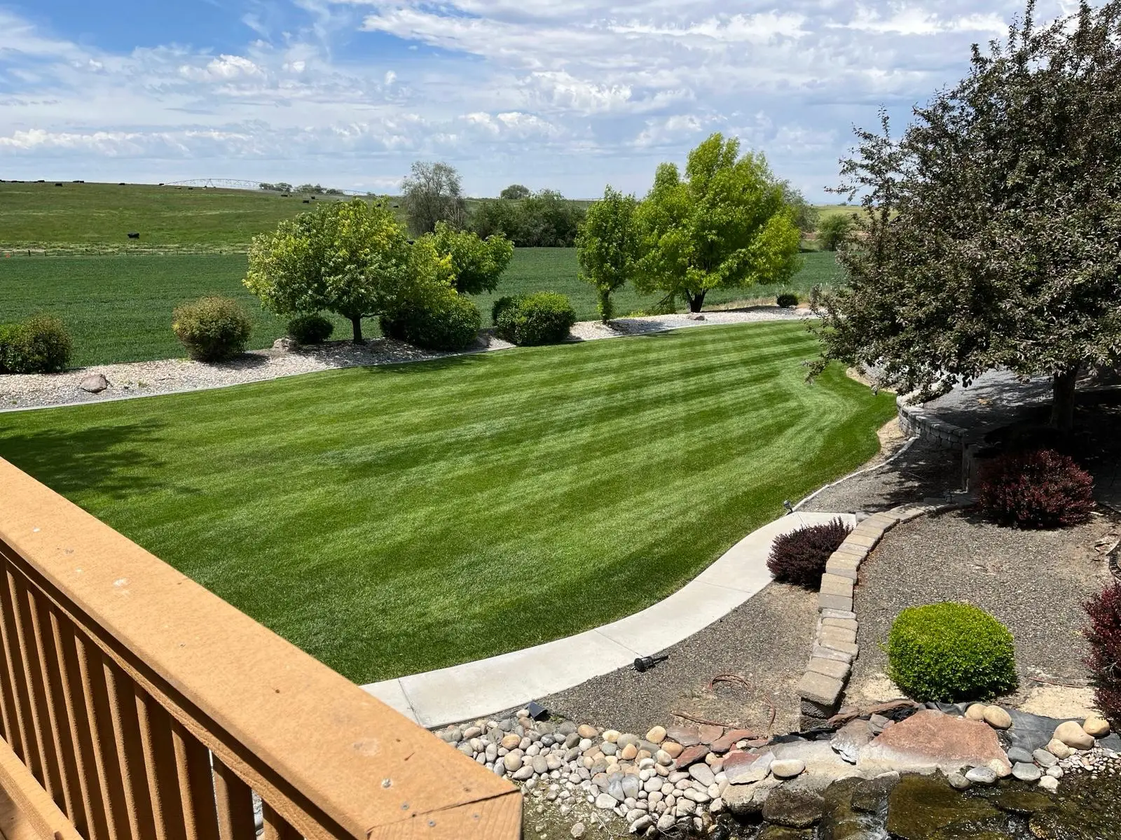 Manicured backyard lawn with crisp mower stripes overlooking farmland