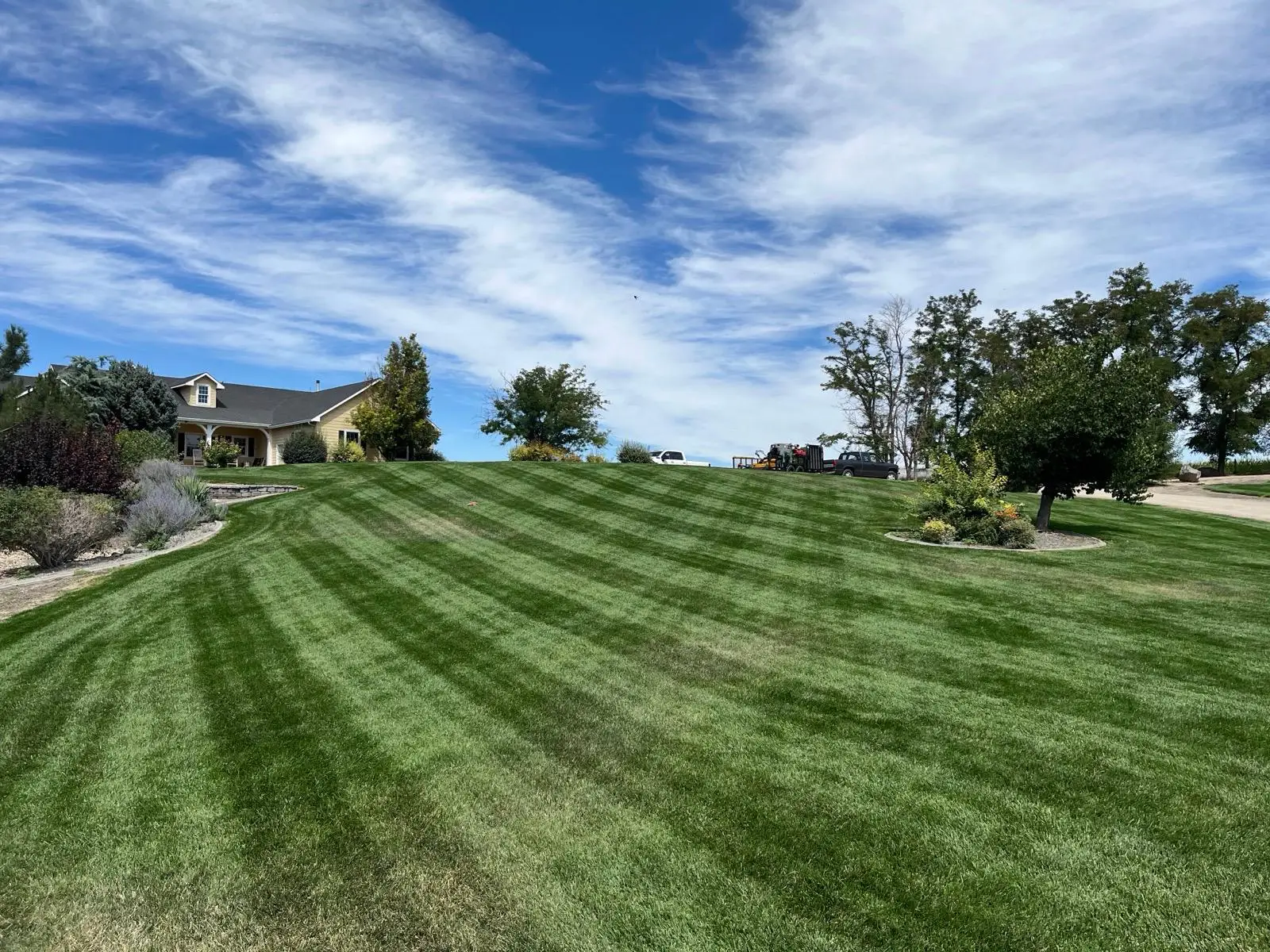 Freshly mowed lawn with crisp diagonal stripes in front of a charming home