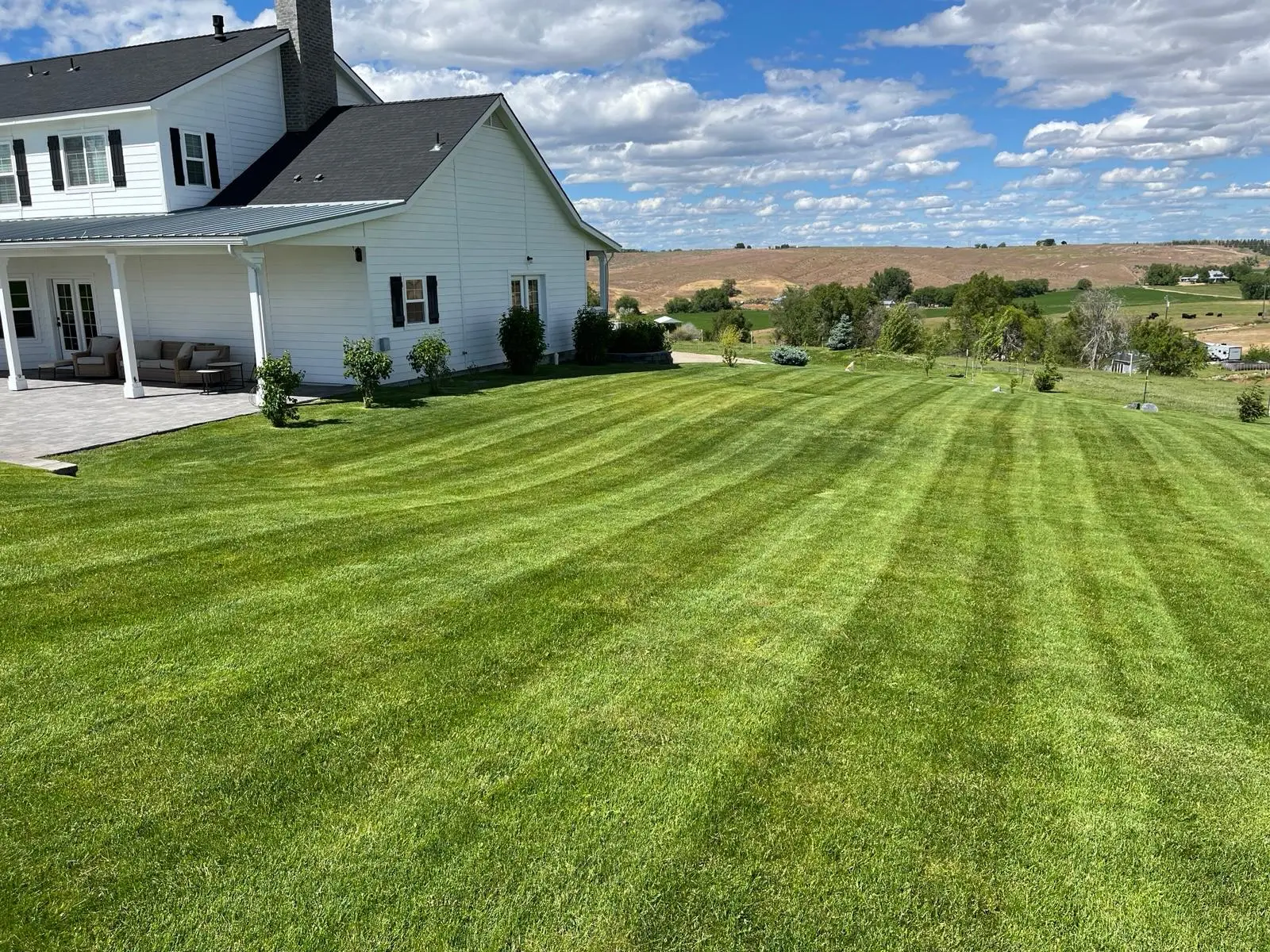 Sweeping lawn with clean mower stripes alongside a white farmhouse